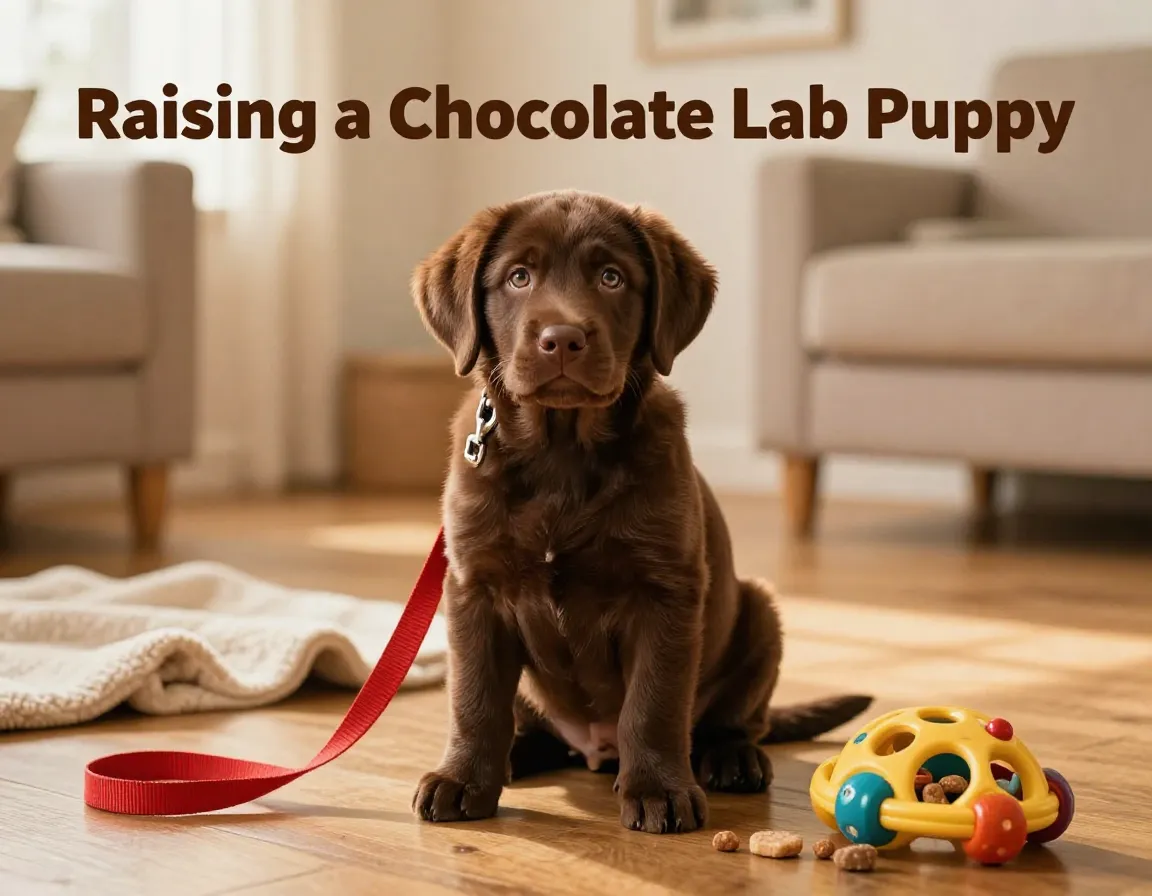 Chocolate labrador puppy with training gear in sunlit living room