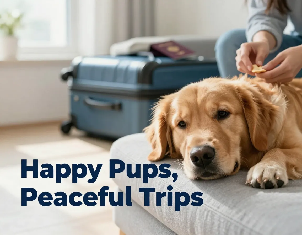 Happy dog at home with pet sitter owner suitcase in background