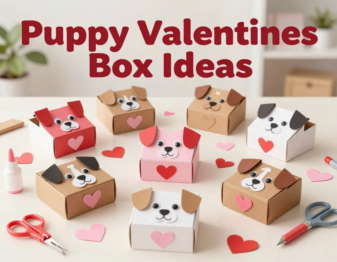 Heart shaped arrangement of seven handcrafted puppy valentine boxes