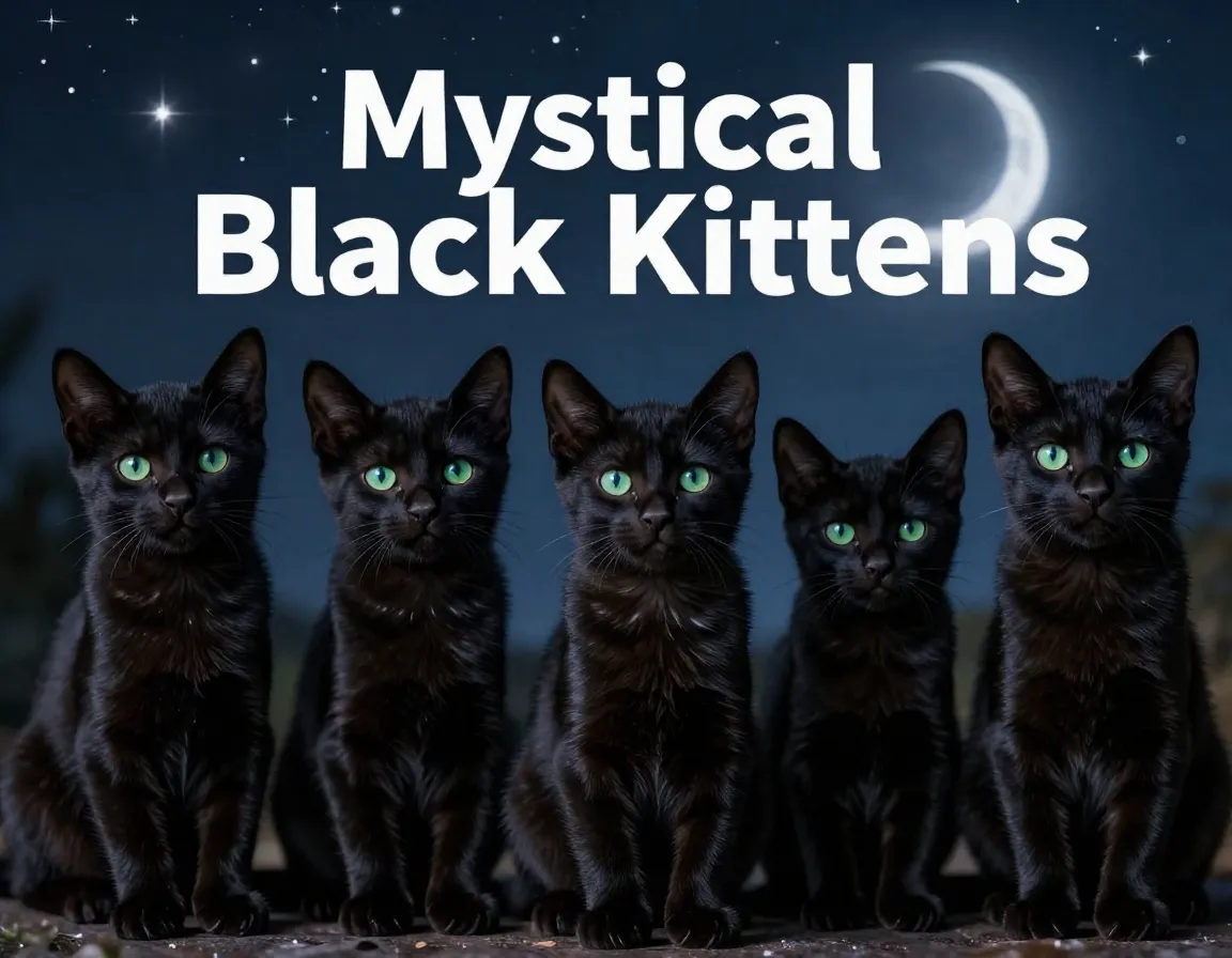 Six mystical black kittens starfield celestial background green eyes