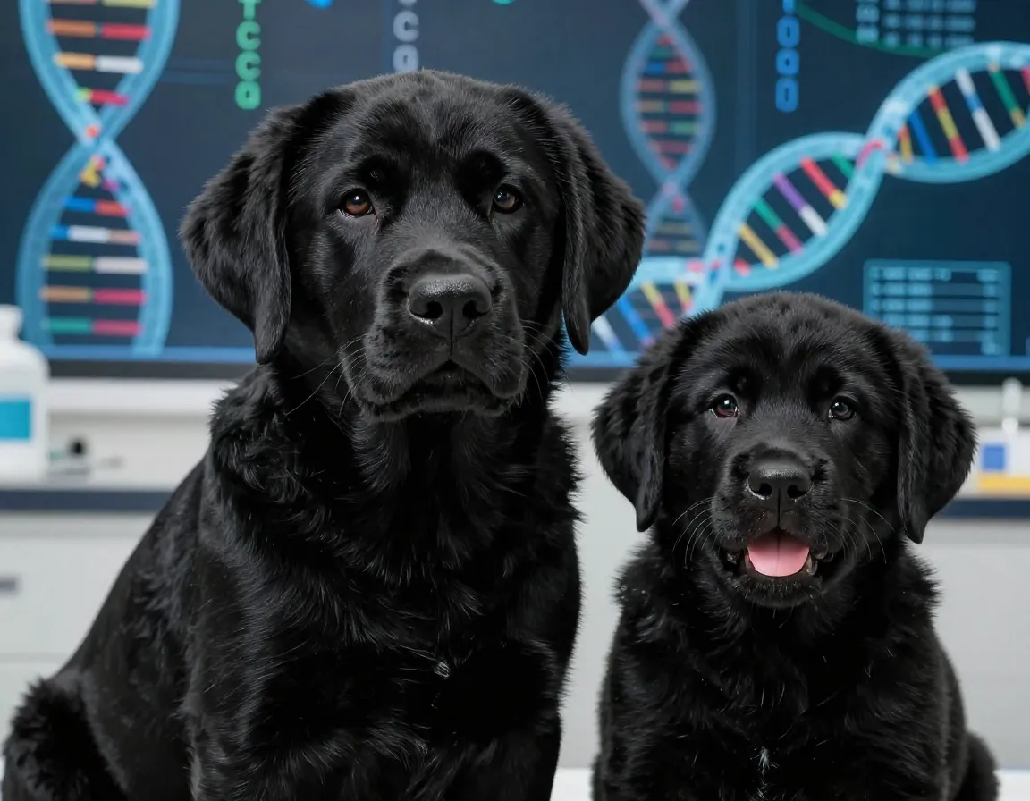 Black lab pup adult with dna sequencing scientific background illustration