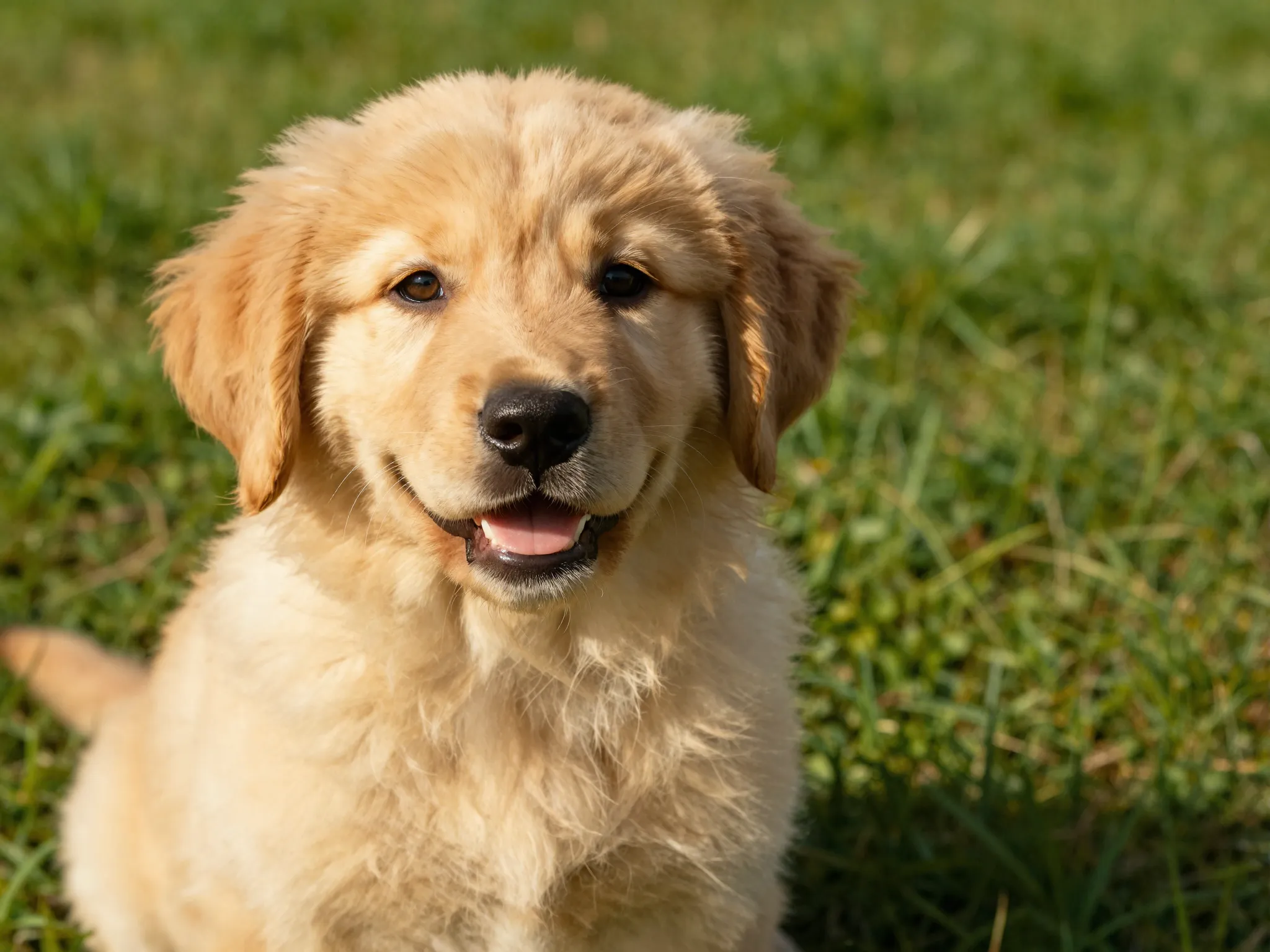 Golden retriever puppy in sunlit grassy field closeup