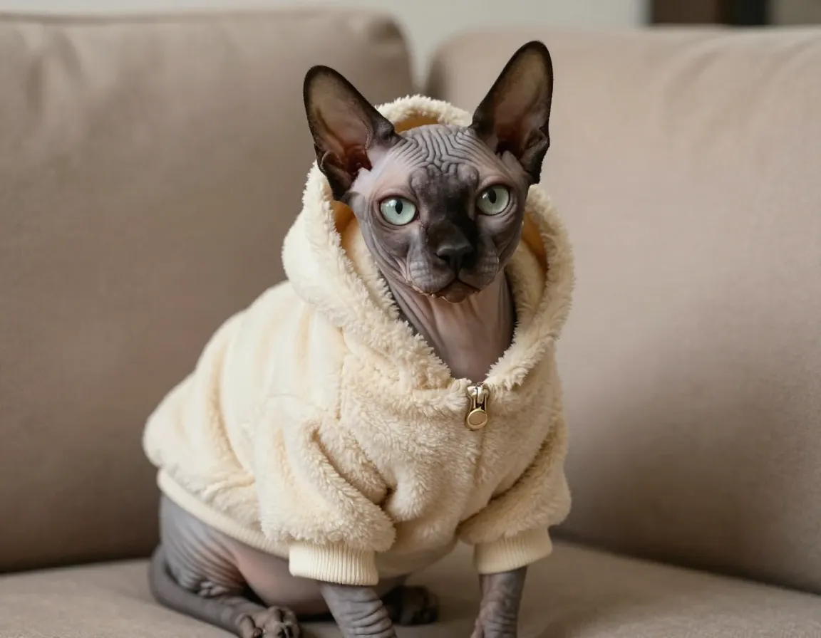 Sphynx cat wearing fleece lined hoodie on couch in winter
