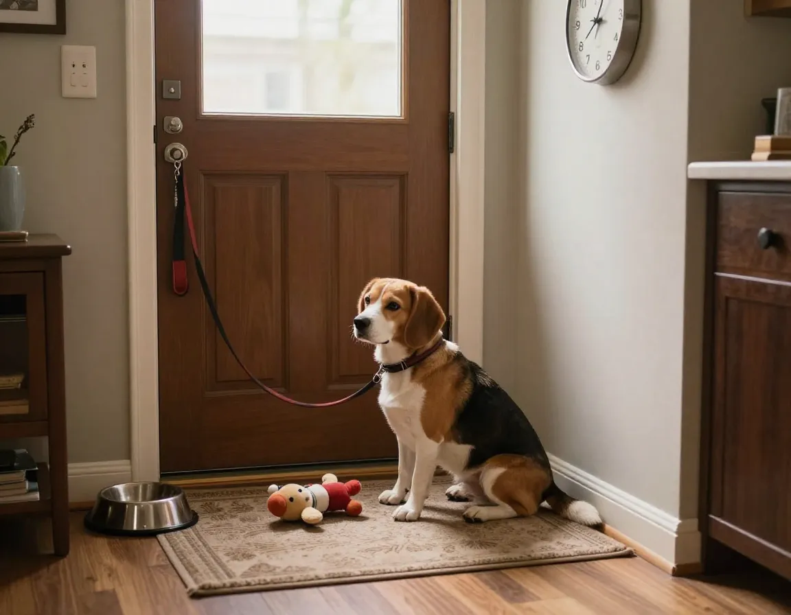 Beagle waiting by door with leash for regular walk