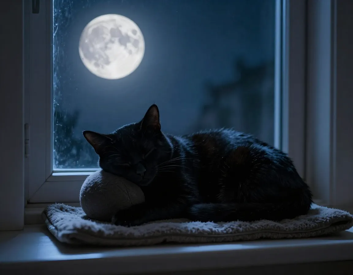 Black kitten named luna resting on a moonlit windowsill