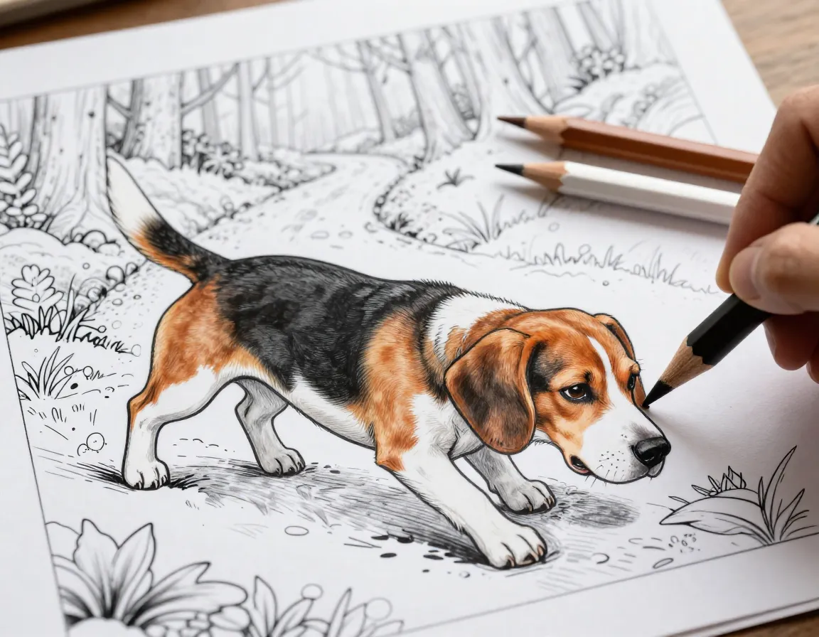Curious beagle sniffing a trail on a coloring page