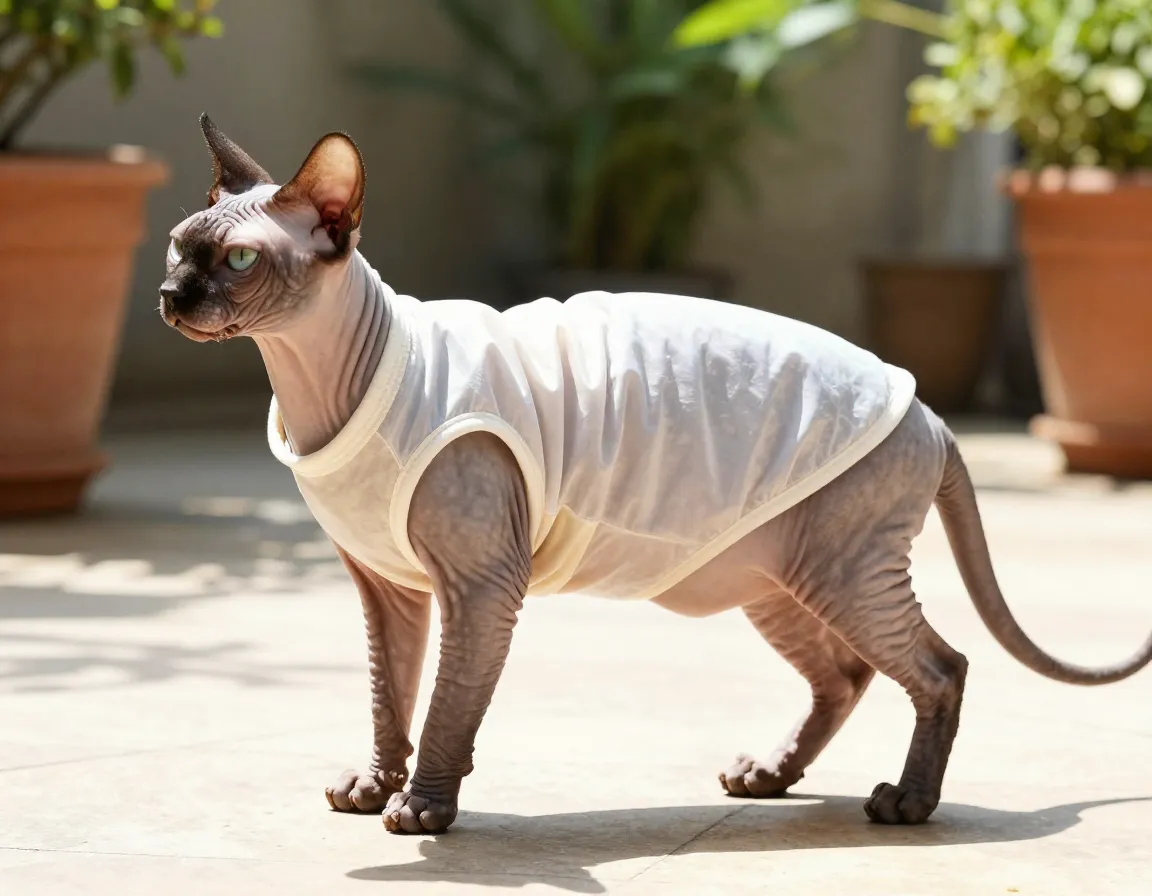 Hairless cat in uv protective tank top on sunny patio