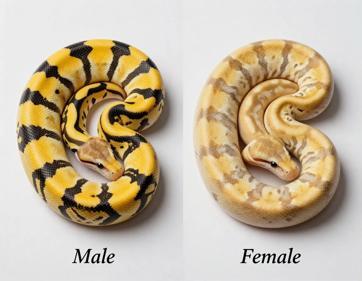 Male and female banana ball python color comparison studio shot