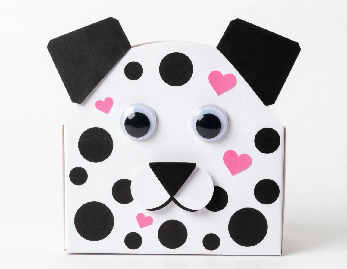 Spotted dalmatian valentine card box with pink hearts