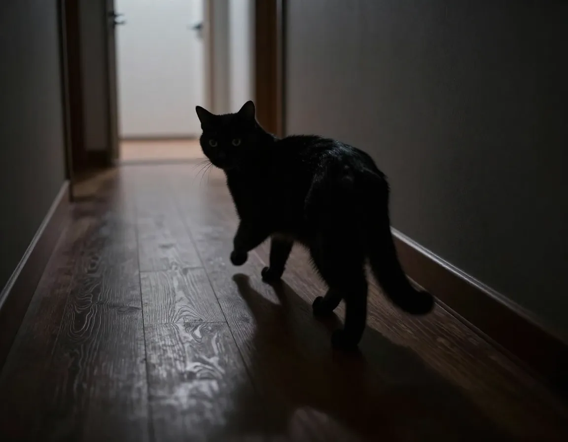 Black cat named shadow silently stalking in a dark hallway