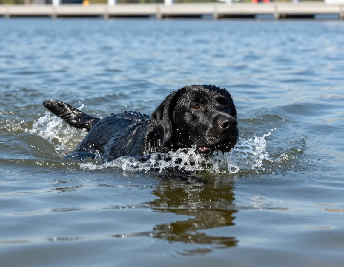 Black labrador swimming powerfully through sunlit lake water
