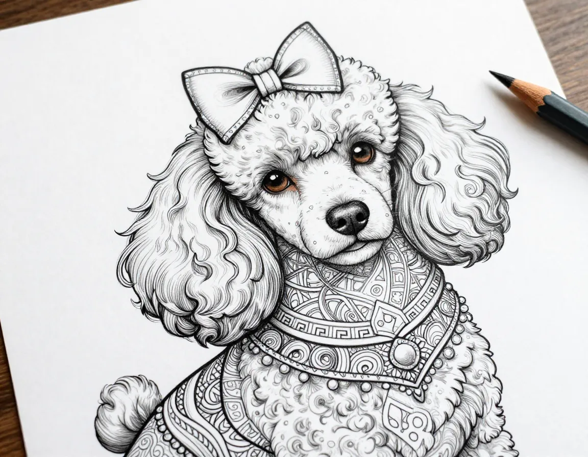 Elegant poodle with intricate curly coat and bow
