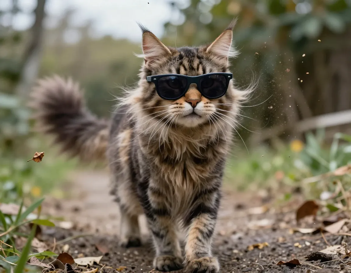 Outdoor cat with sunglasses facing windblown debris