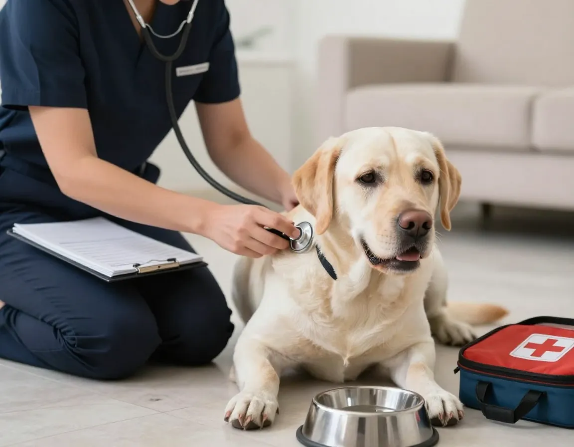 Pet sitter checking dog pulse with stethoscope indoors