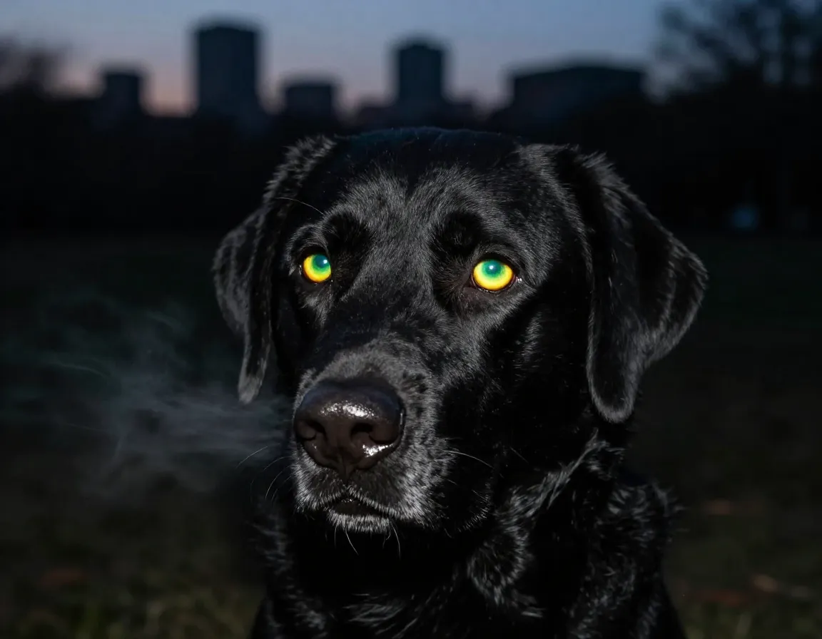 Black lab closeup eyes glowing dusk urban night setting