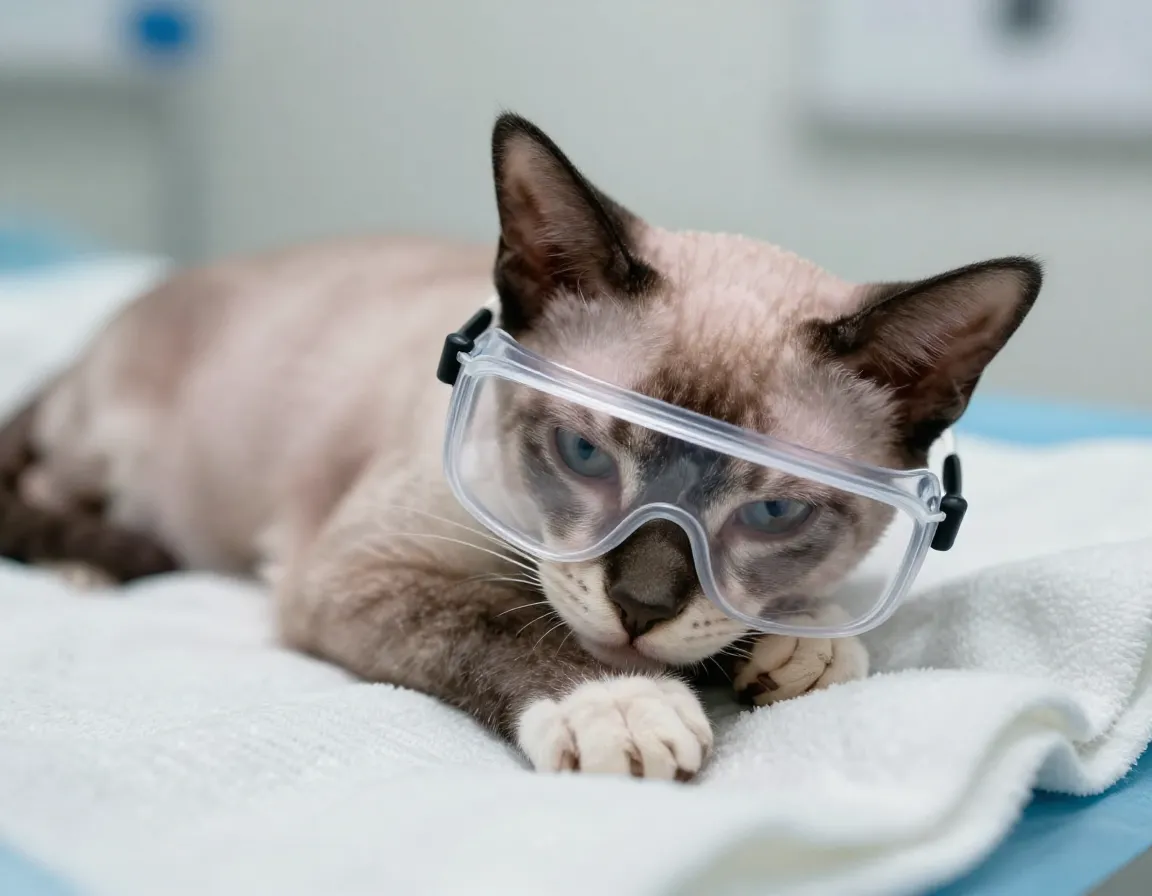 Cat resting post surgery with protective eyewear