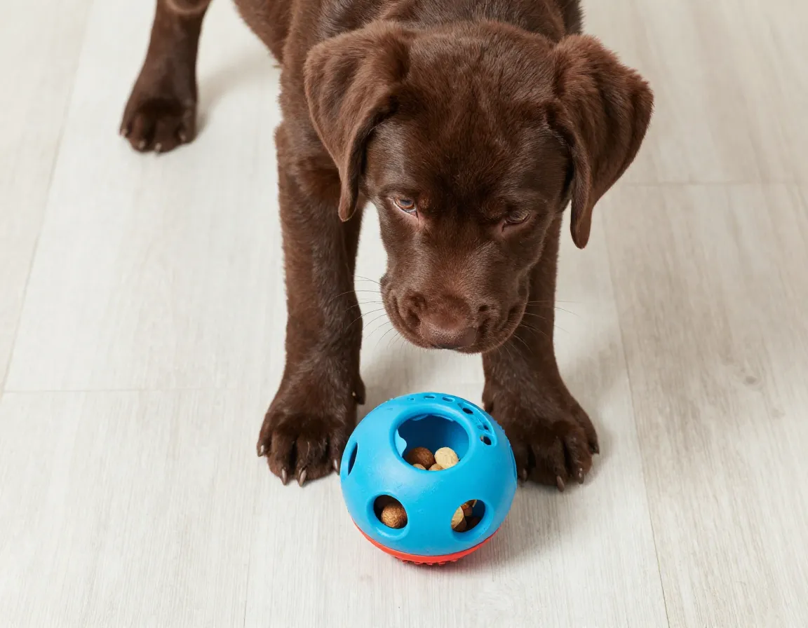 Chocolate lab puppy engaged with food puzzle toy mental stimulation