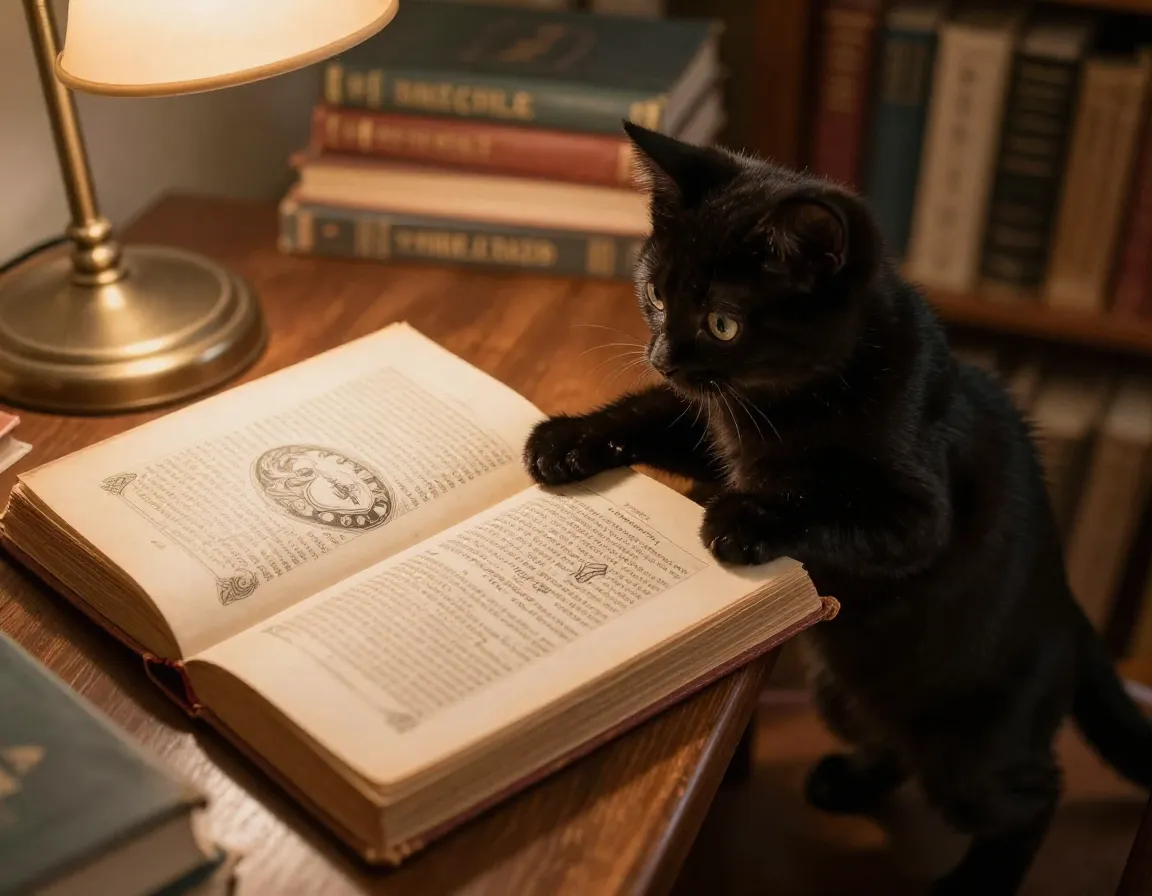 Curious black kitten named fable paws at an open storybook
