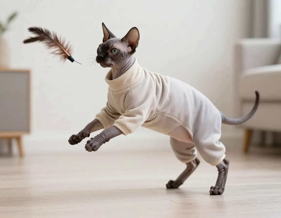 Hairless cat in full body jumpsuit playing with toy