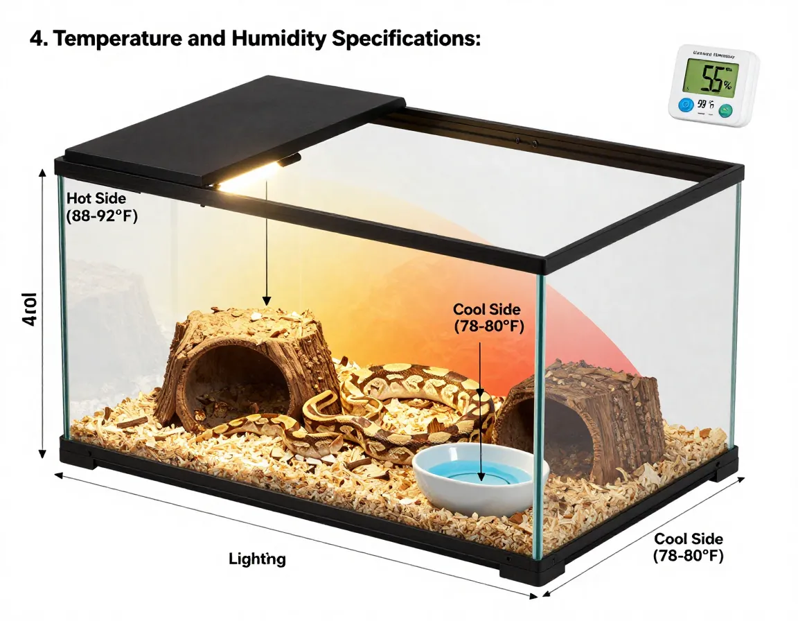 Labeled ball python enclosure diagram showing temperature humidity gradient
