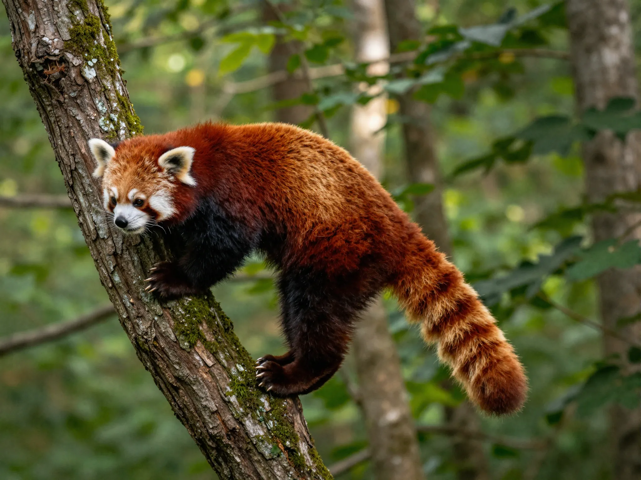 Red panda climbing tree with fluffy tail visible