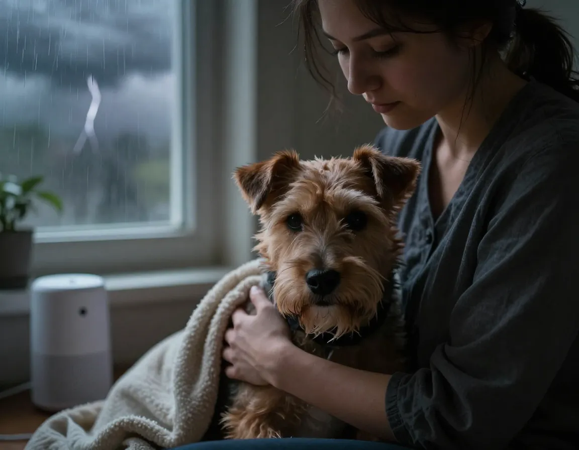 Calm sitter soothing anxious dog during thunderstorm