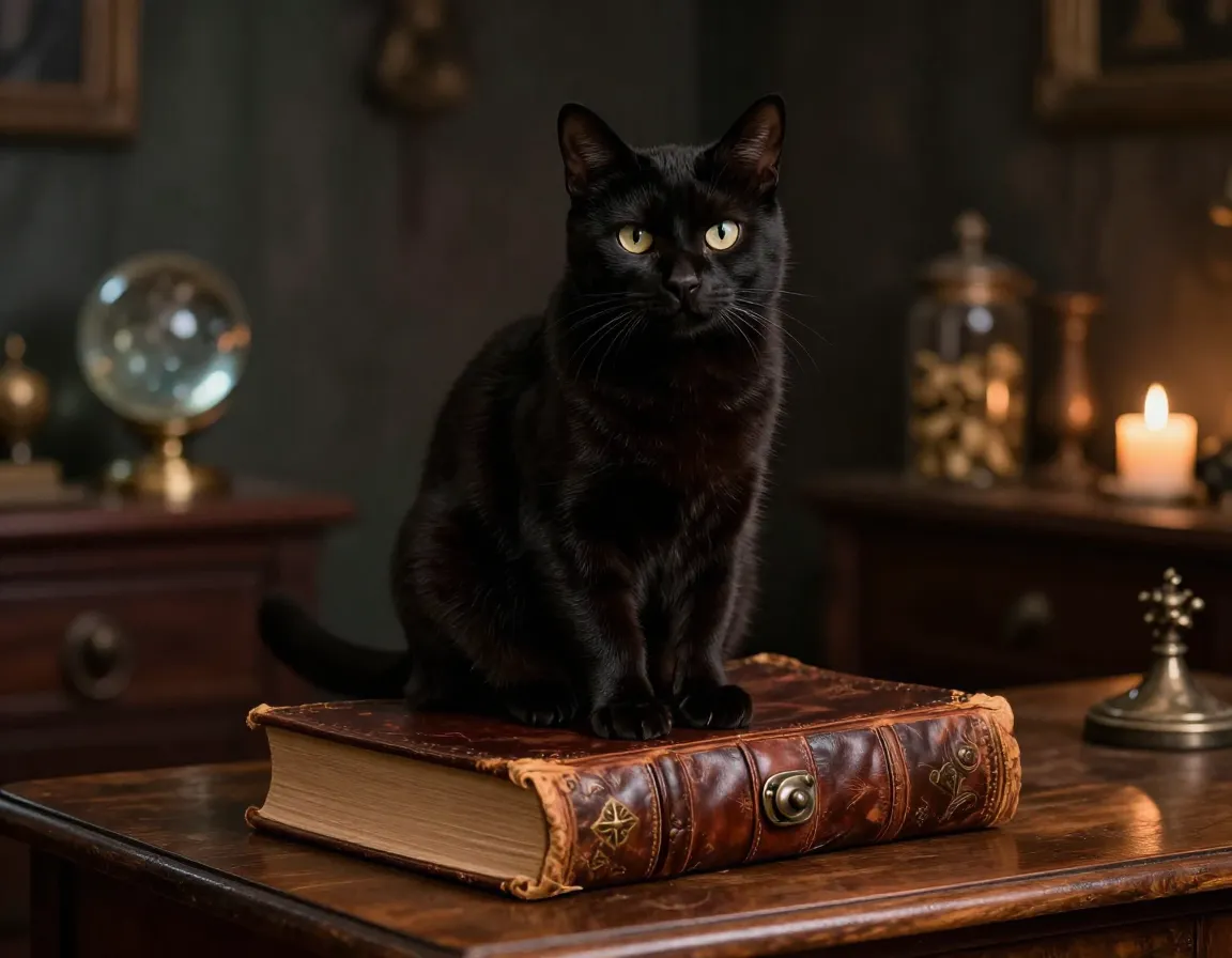 Confident black cat named salem perched on a vintage tome
