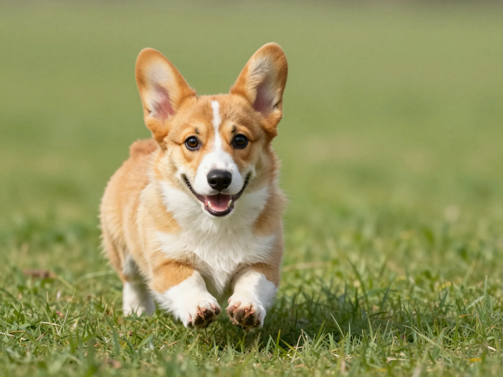 Corgi puppy running with ears flying and smiling