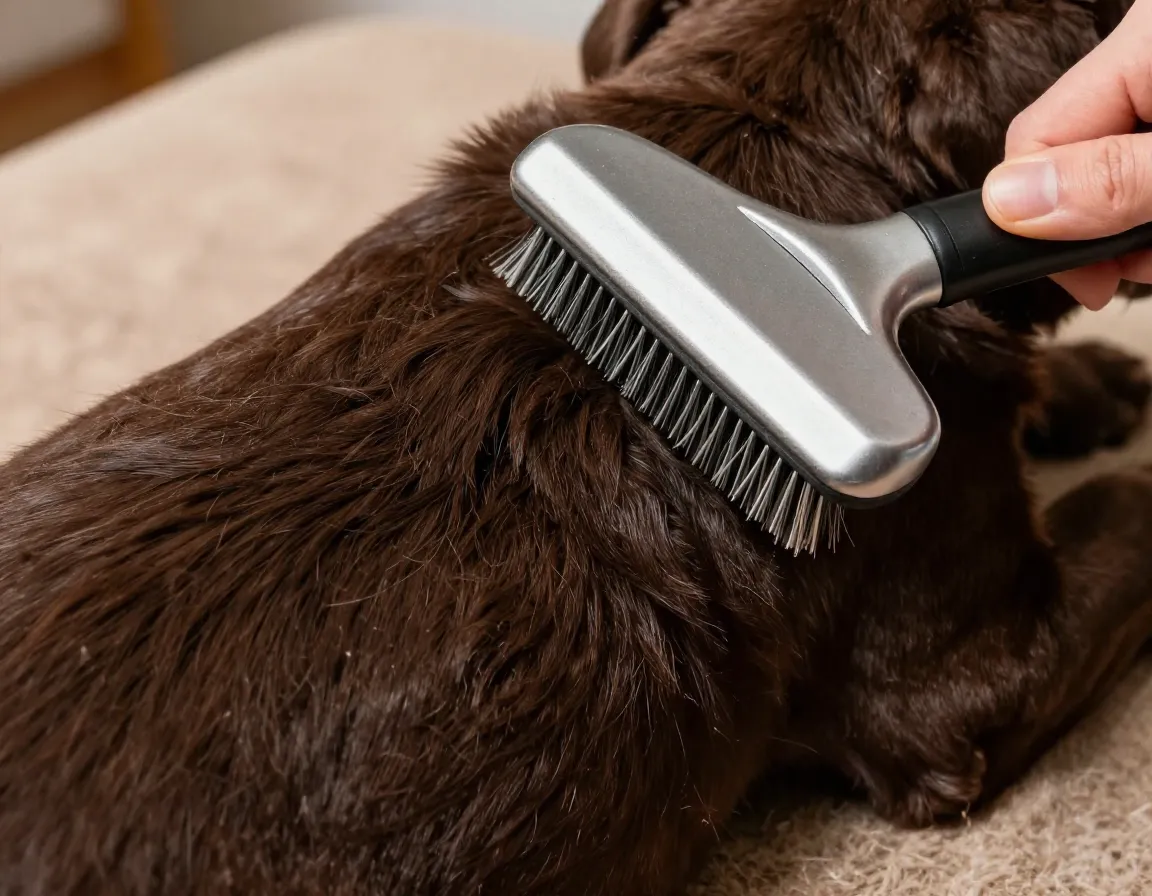 Detailed grooming session brushing chocolate labrador puppy coat maintenance