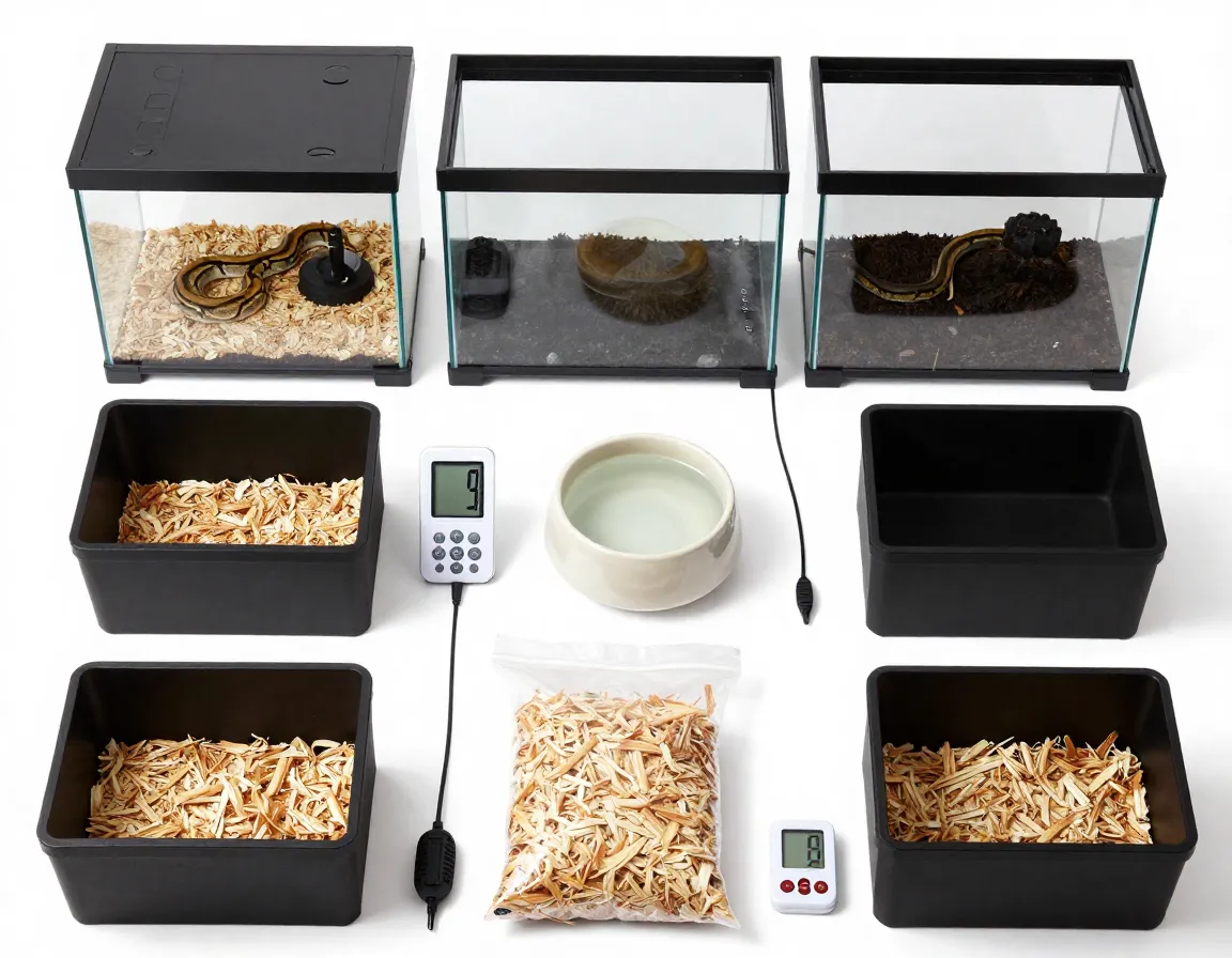 Flatlay of essential ball python habitat equipment and supplies