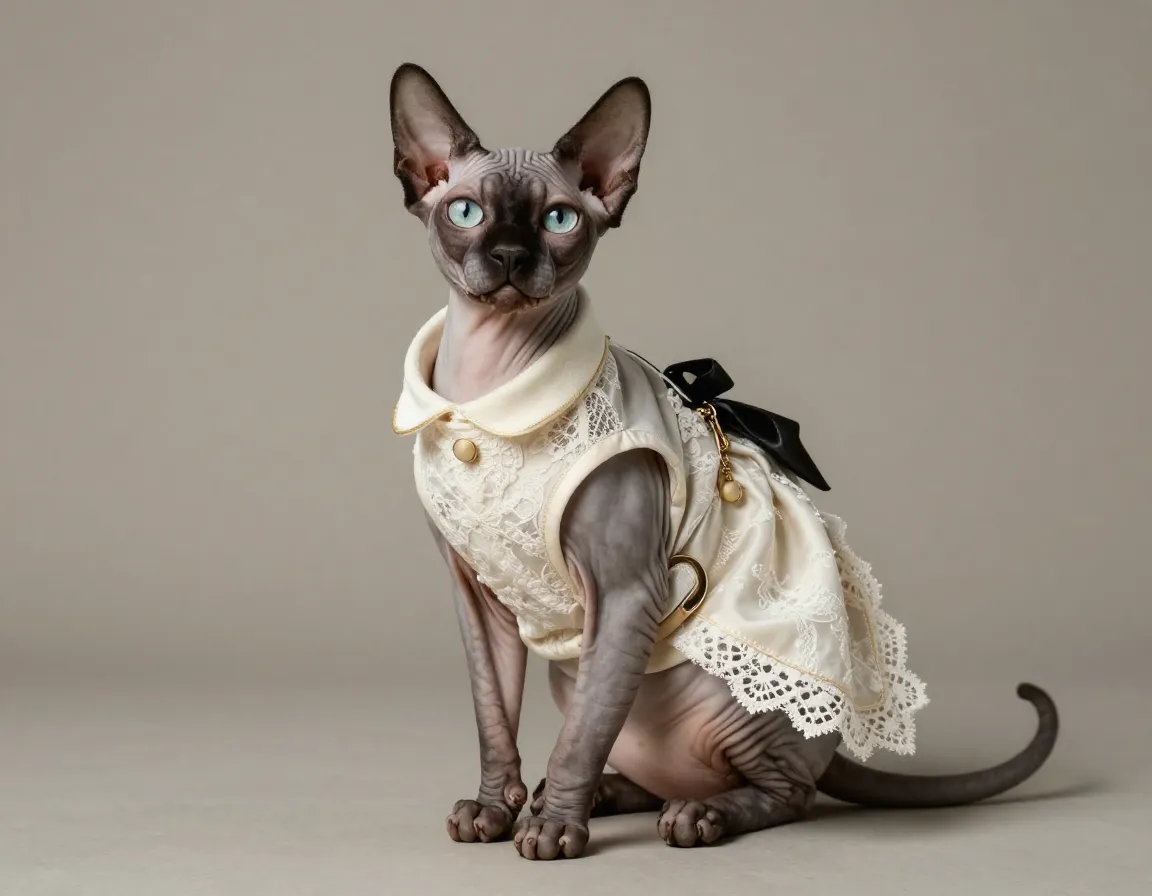 Formal sphynx cat wearing elegant dress for photoshoot