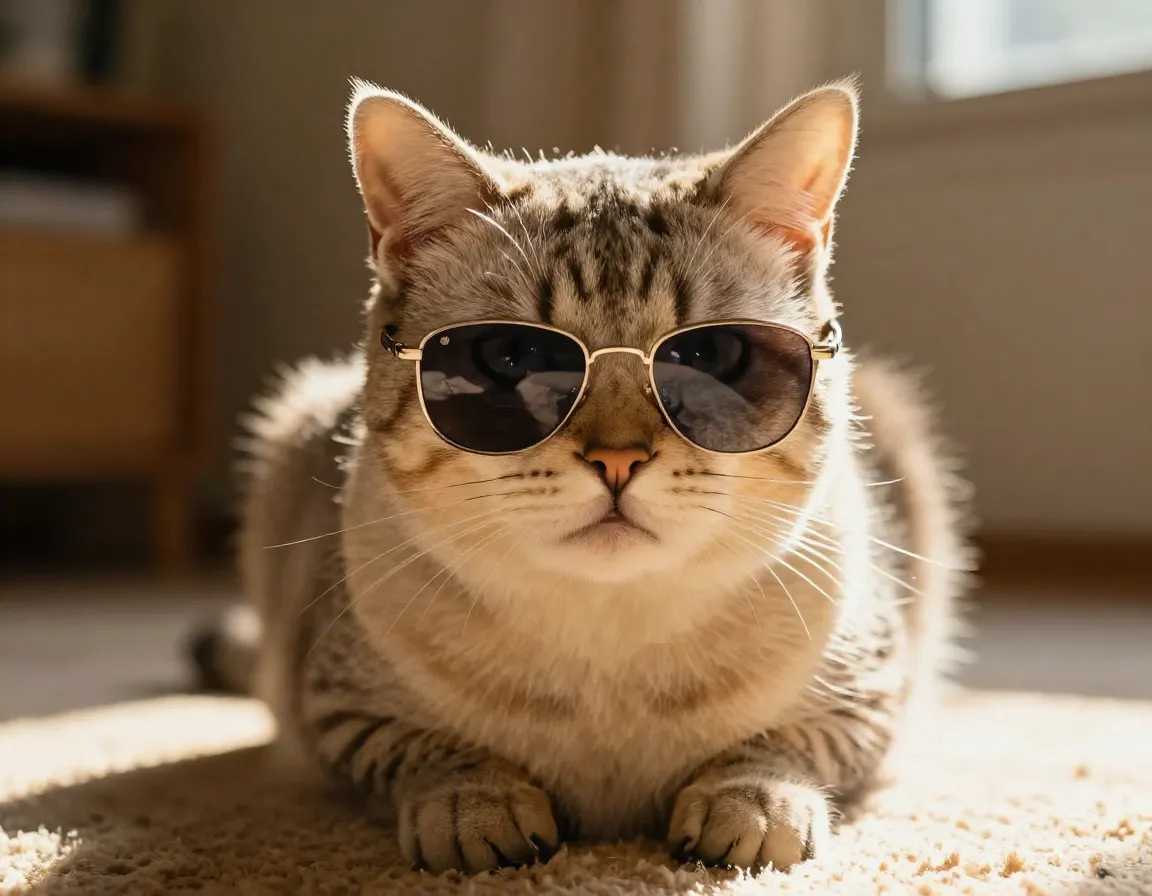 Senior cat with cataracts wearing tinted sunglasses comfortably