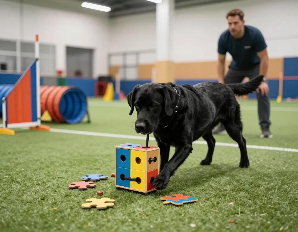 Black lab solving advanced puzzle toy in training facility