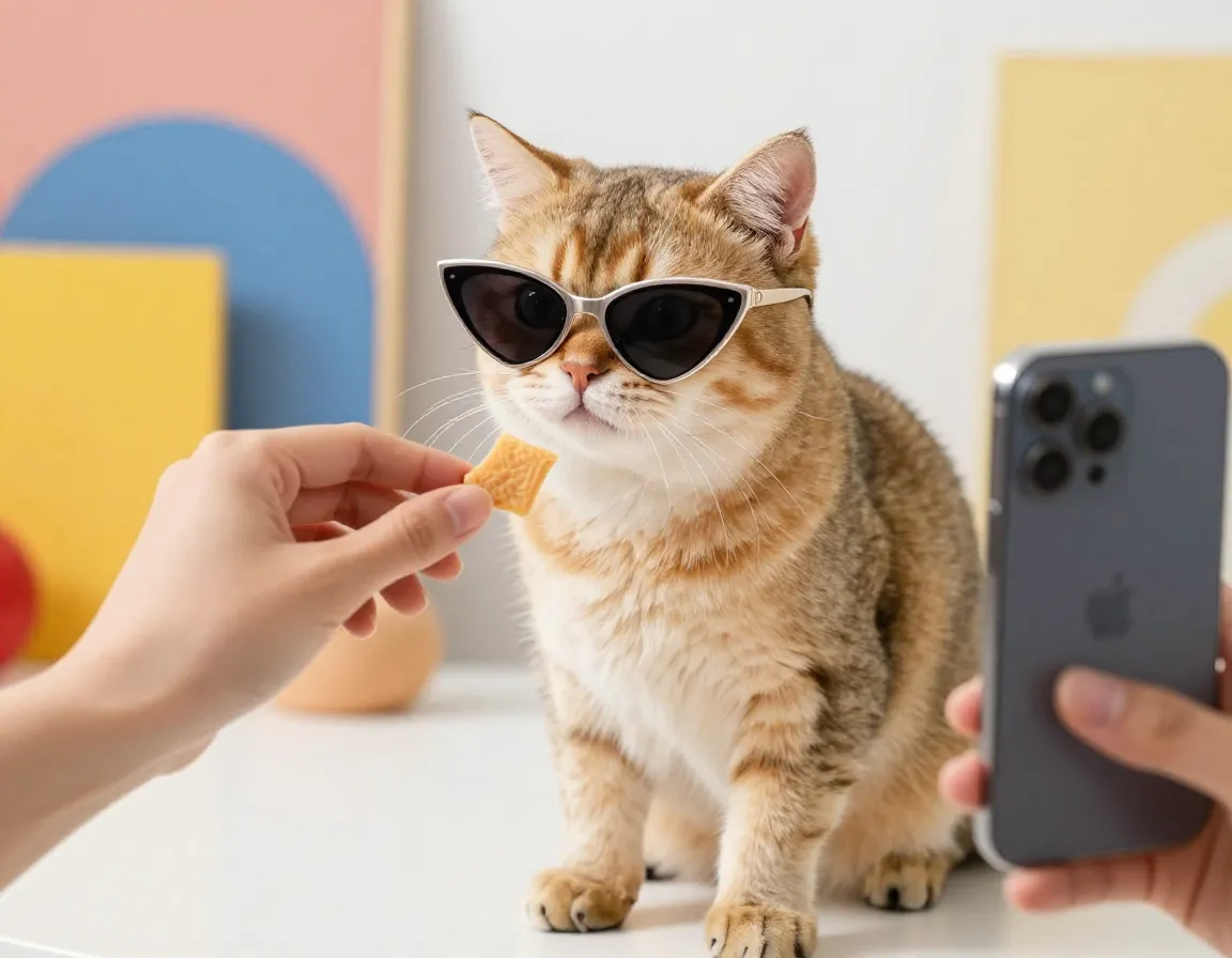 Fashionable cat posing for a social media photo with sunglasses