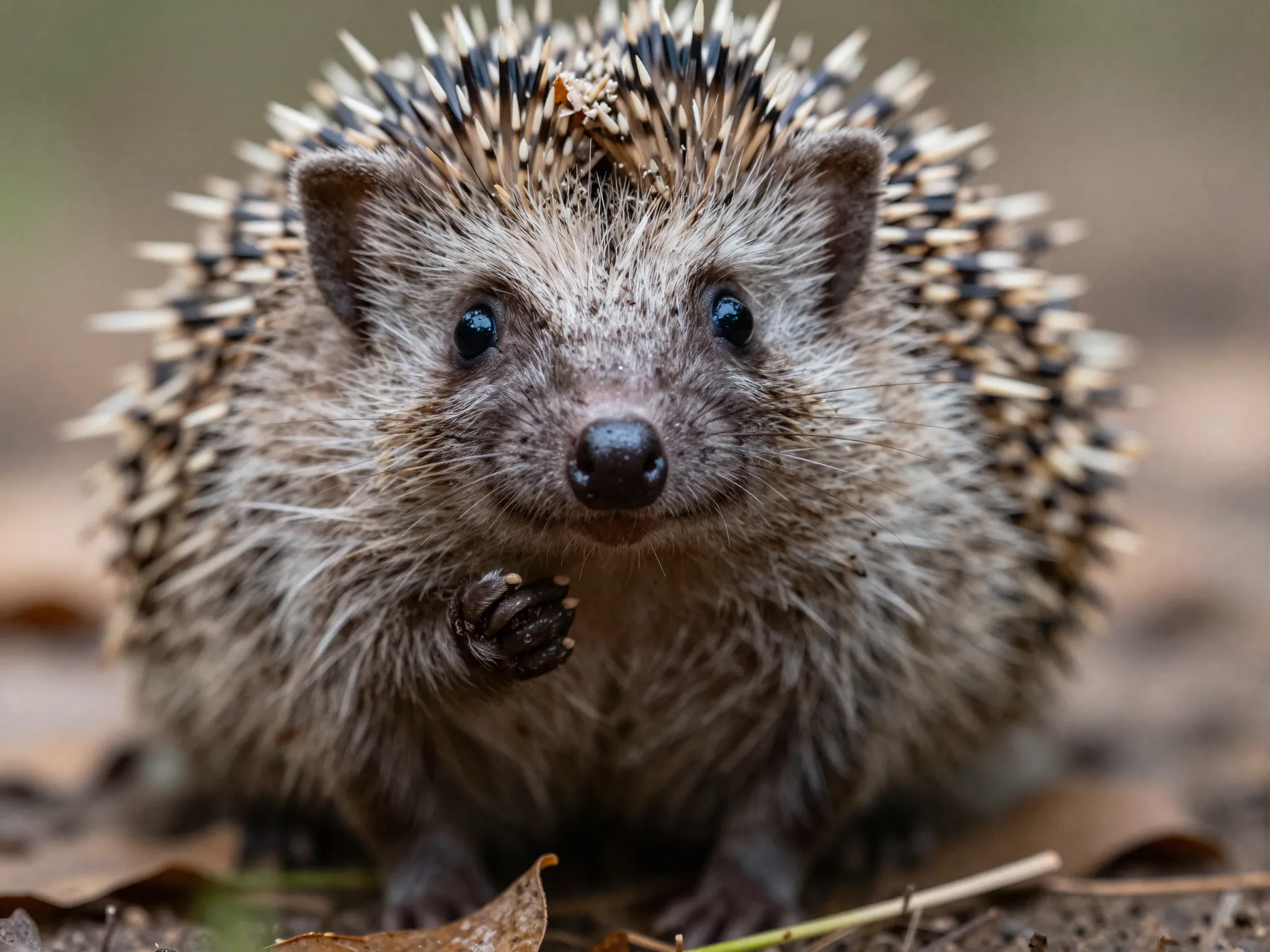 Hedgehog closeup with tiny hands and curious face