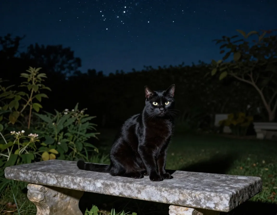 Sleek black cat named midnight in a serene night garden