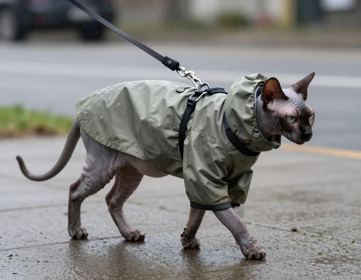Sphynx cat in water resistant raincoat on drizzly walk