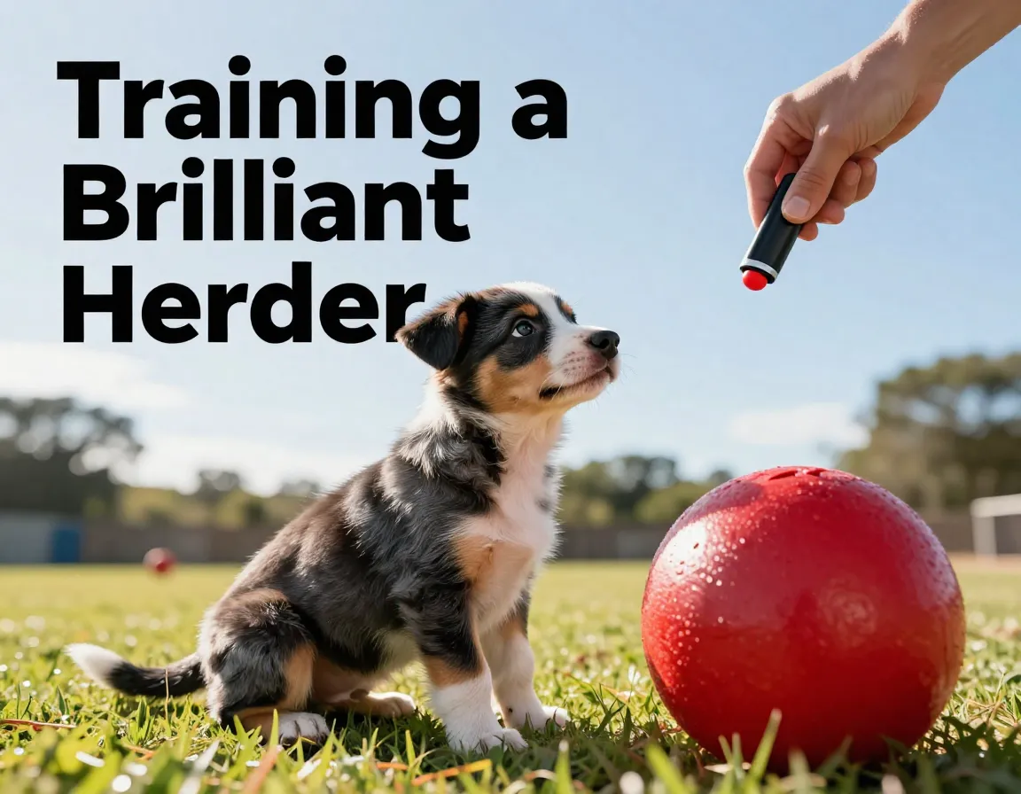 Australian cattle dog puppy training session with clicker herding ball