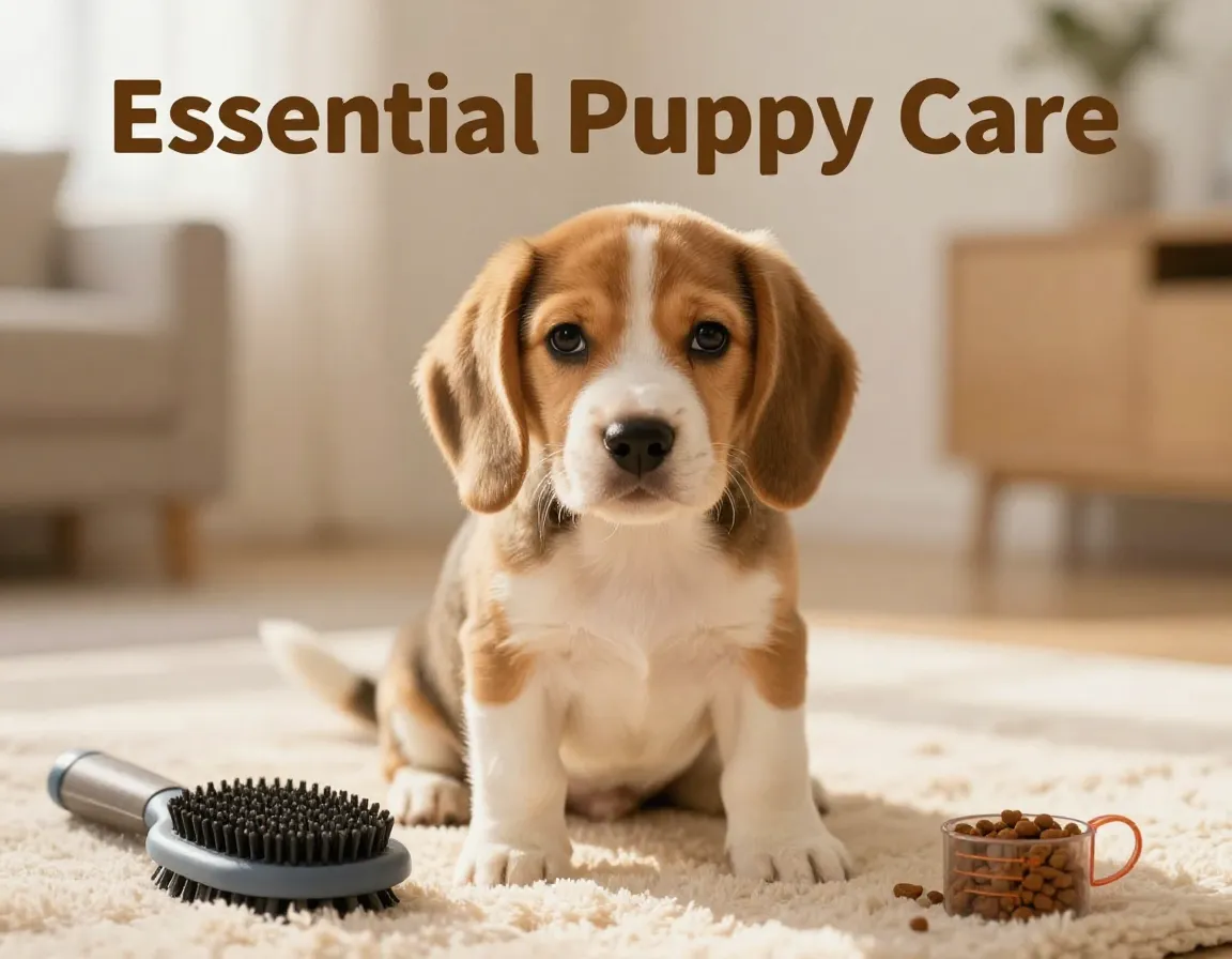 Beagle puppy grooming brush food measuring cup care guide