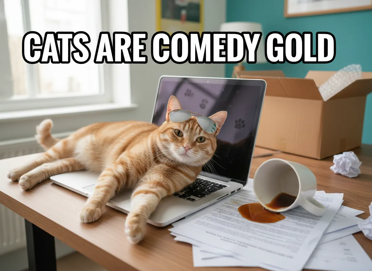 Chaotic home office cat interrupts work on laptop keyboard