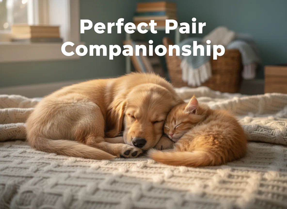 Golden puppy orange kitten sleeping sunbeam heartwarming companionship