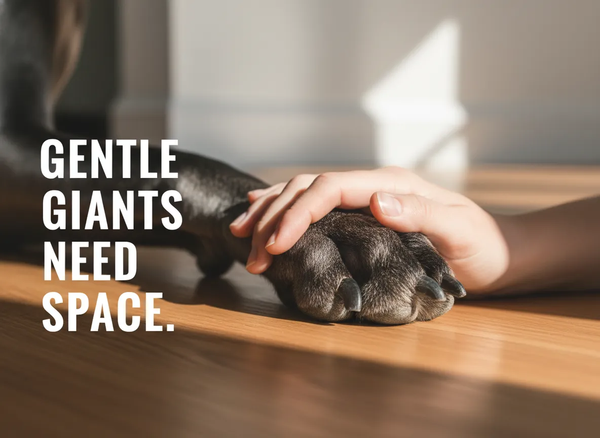 Large great dane paw next to human hand on clean hardwood floor