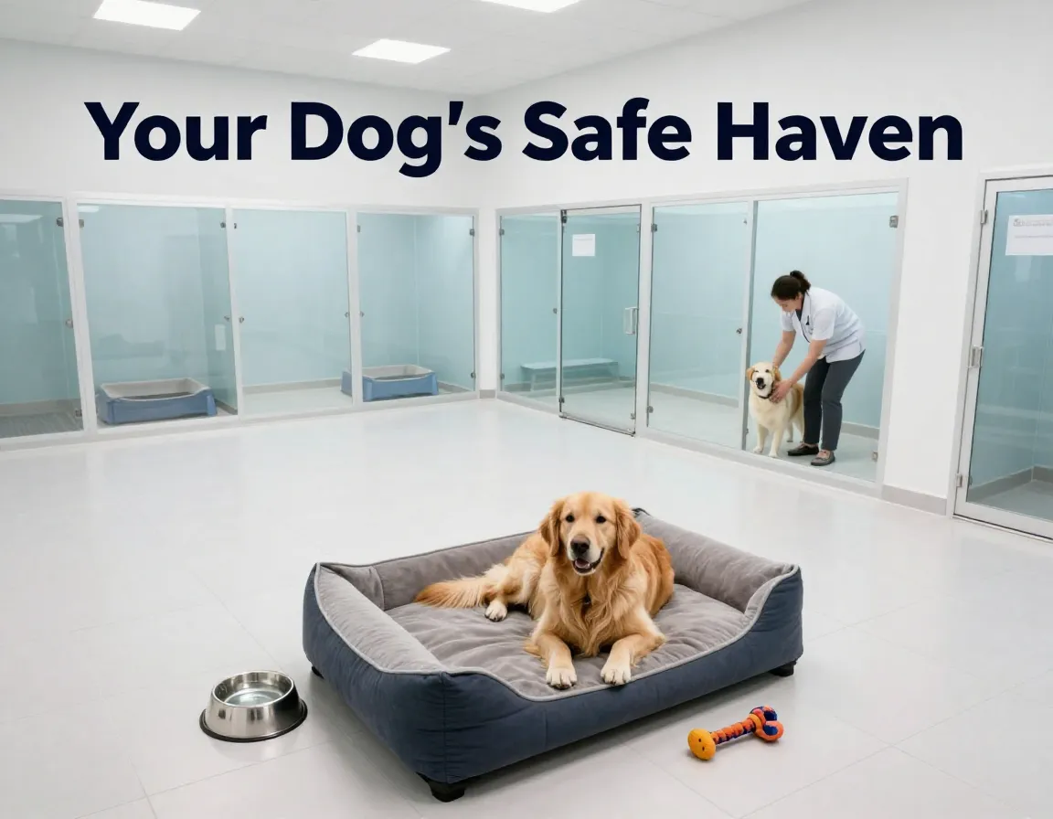 Modern clean dog boarding kennel with attentive staff and healthy golden retriever