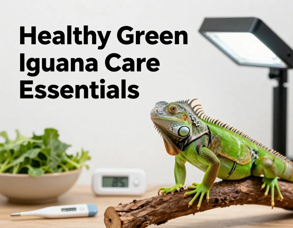Professional green iguana with care essentials in modern habitat setup