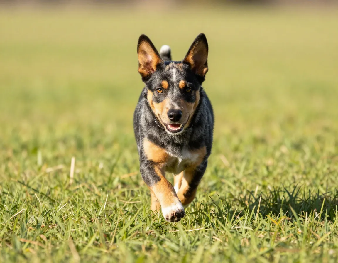 Blue heeler puppy obediently recalls on a sunny grassy field