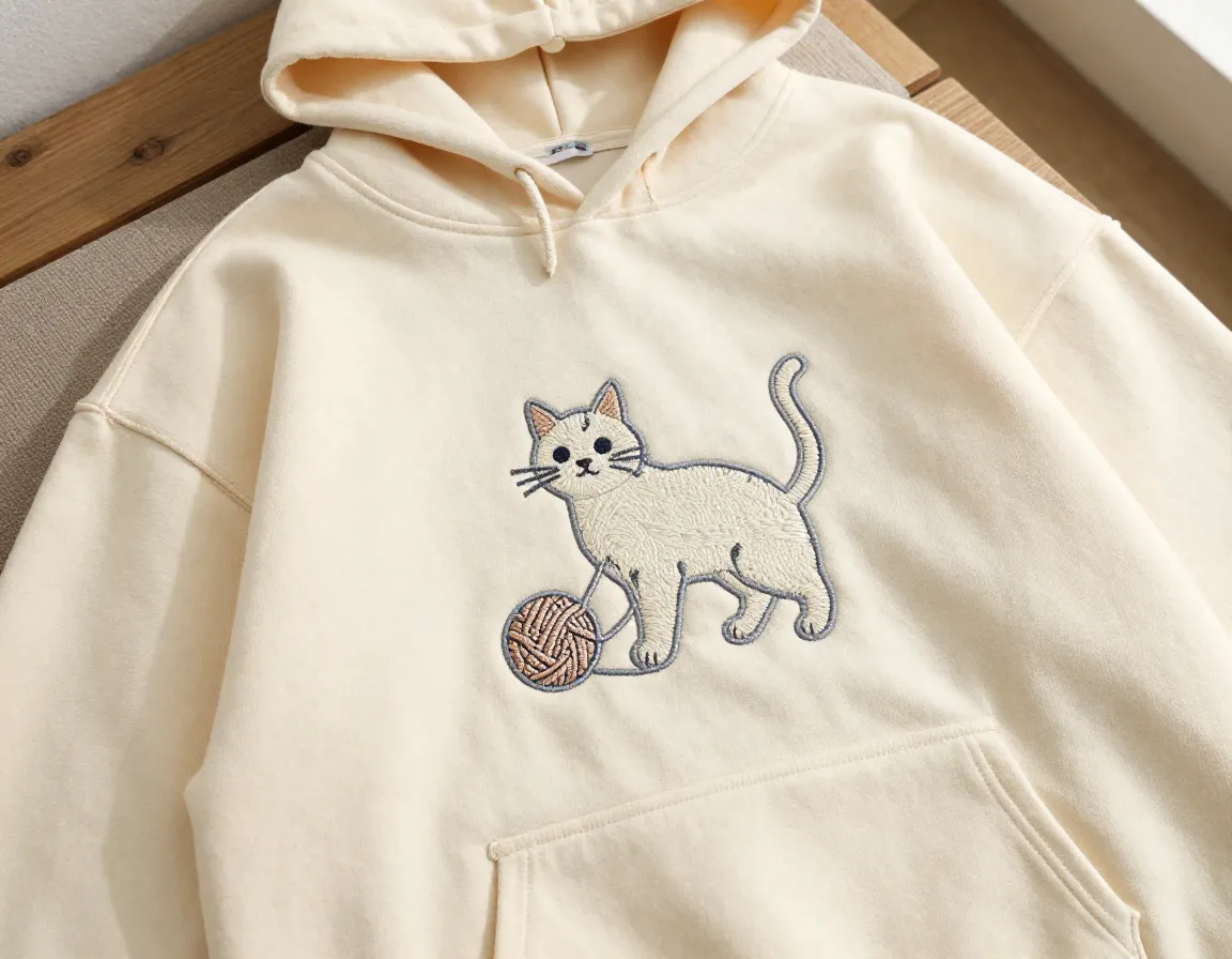 Oversized cotton hoodie with embroidered cat and yarn motif