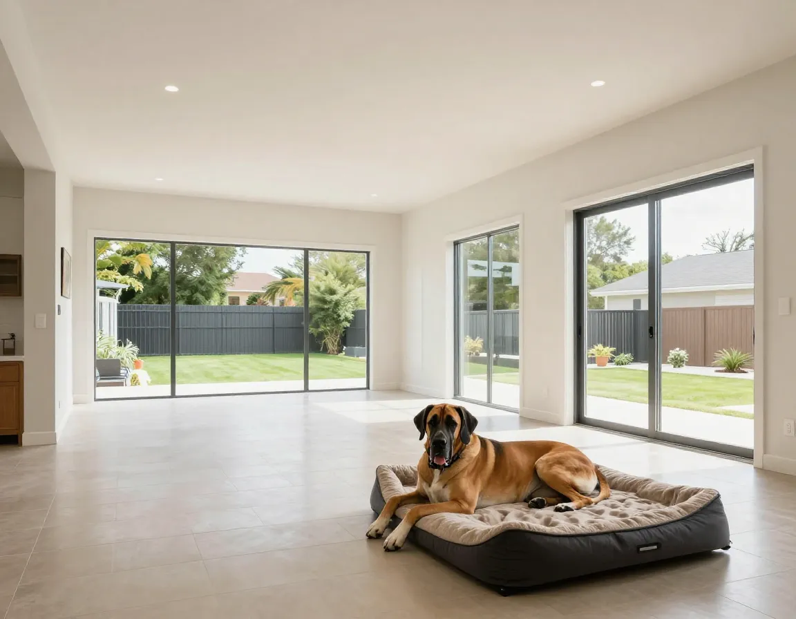 Spacious modern home with great dane on orthopedic bed