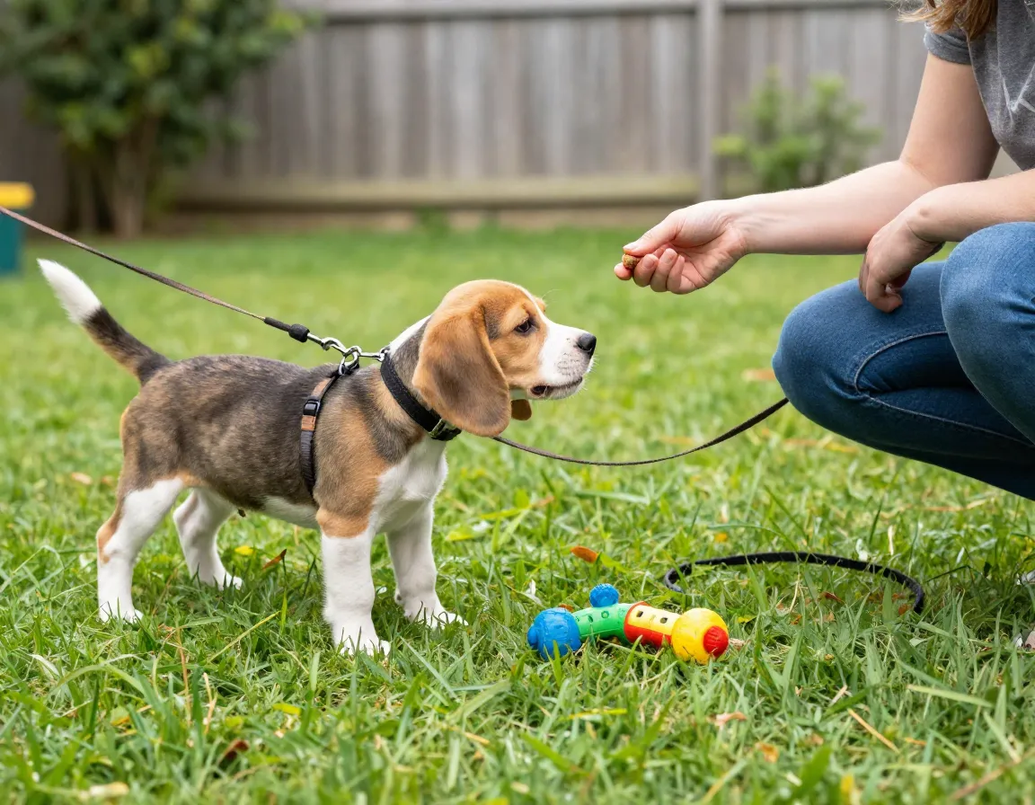Beagle puppy training session with treats on a leash in a backyard