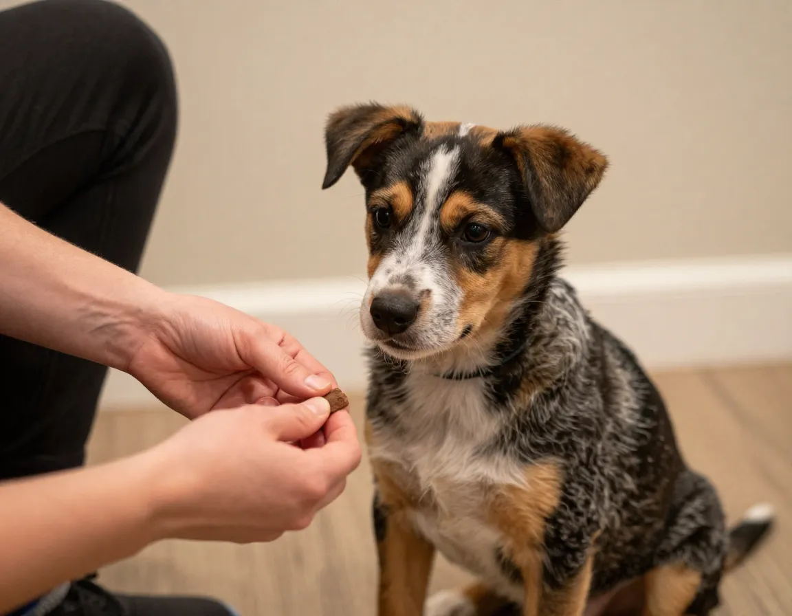 Focused puppy and handler during a brief indoor training session