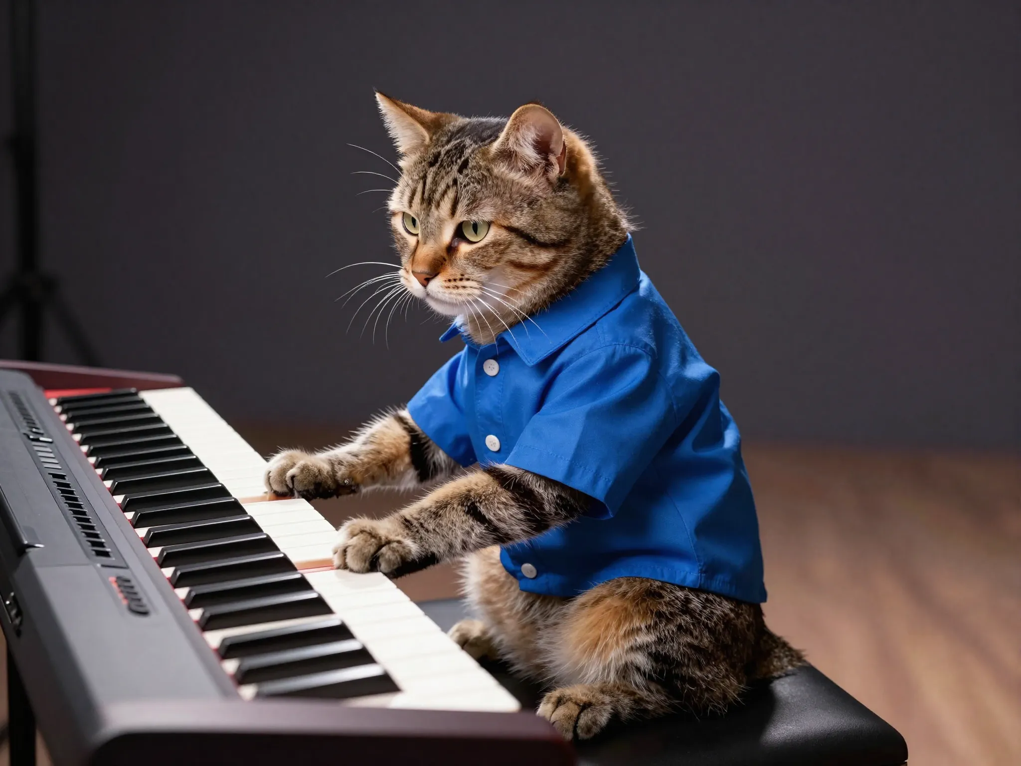 Keyboard cat playing piano wearing a blue shirt